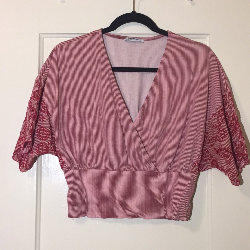 Zara Red and White Striped Embroidered V-Neck Top